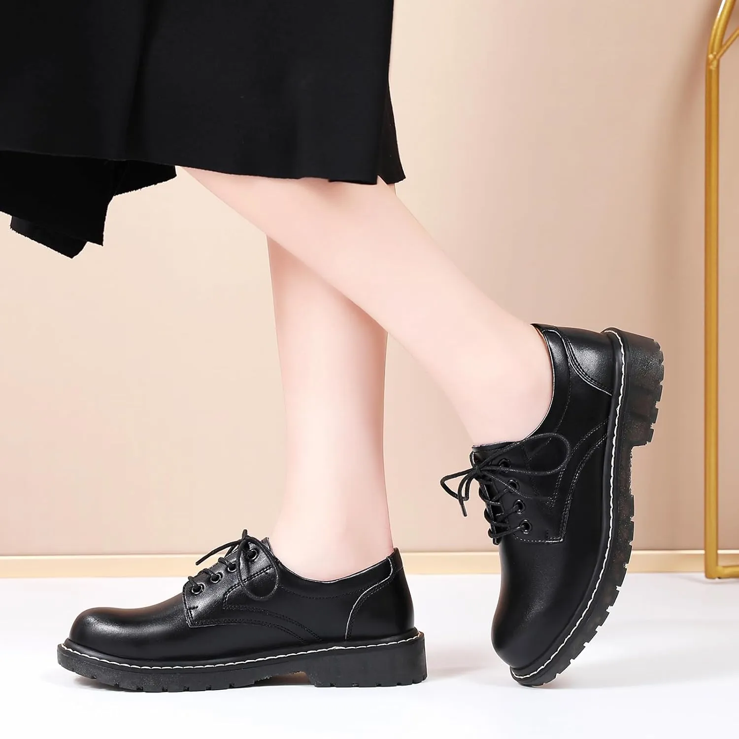 Black Oxford Shoes for Women Women's Oxfords Leather Flats Lace-Up Loafers Business Casual Work Office Uniform Dressy Server Shoes for Ladies Womens