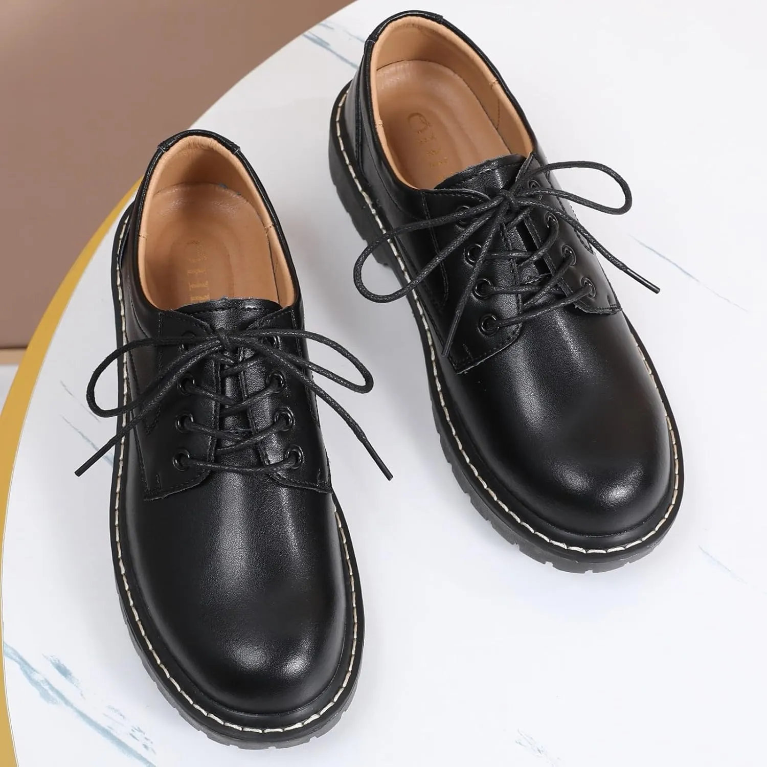 Black Oxford Shoes for Women Women's Oxfords Leather Flats Lace-Up Loafers Business Casual Work Office Uniform Dressy Server Shoes for Ladies Womens