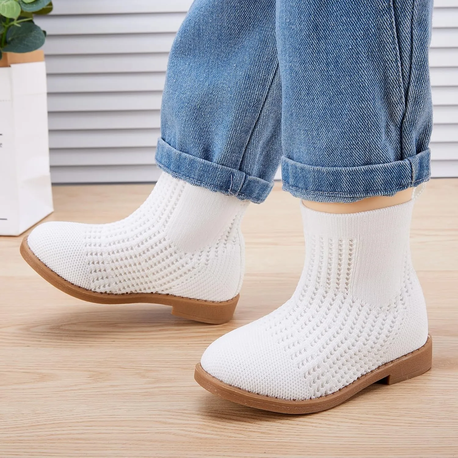 BMCiTYBM Toddler Girls Knitted Boots Breathable Low Heel Booties Pointed Toe Slip On Sock Shoes for All Seasons