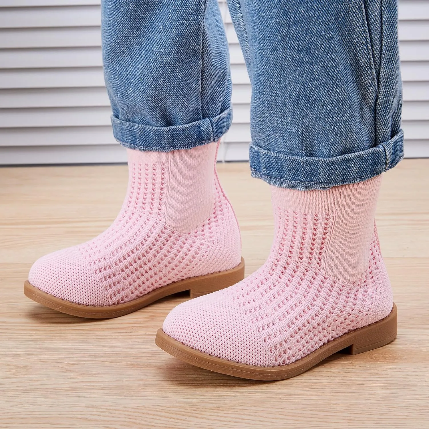 BMCiTYBM Toddler Girls Knitted Boots Breathable Low Heel Booties Pointed Toe Slip On Sock Shoes for All Seasons