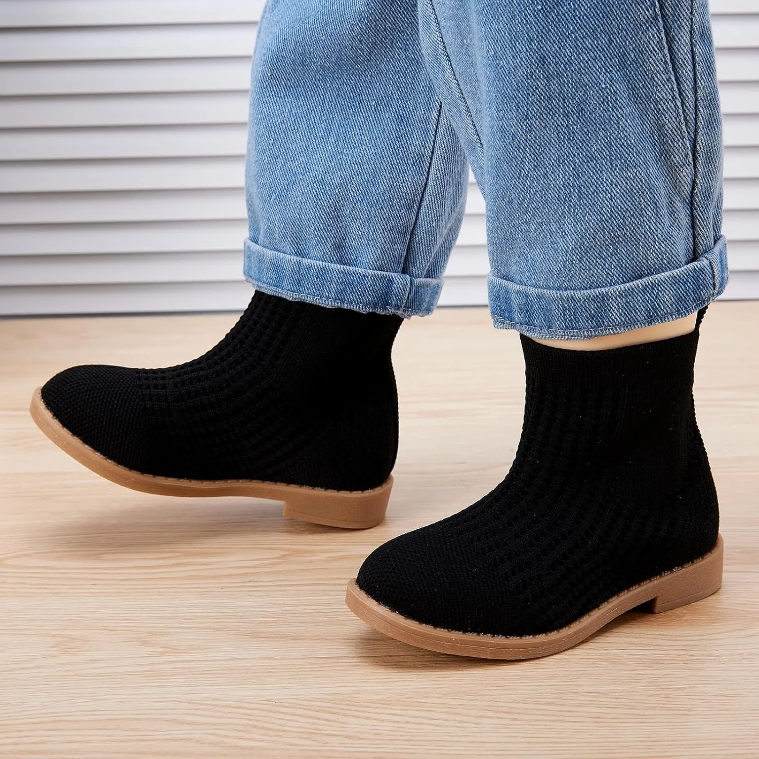 BMCiTYBM Toddler Girls Knitted Boots Breathable Low Heel Booties Pointed Toe Slip On Sock Shoes for All Seasons