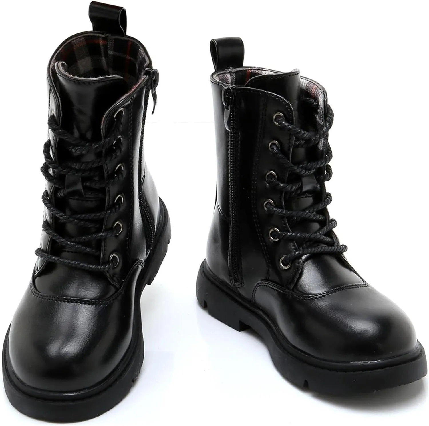 Boys Girls Lace-Up Mid Calf Combat Boots Hiking Boots Side Zipper Waterproof Riding Boots