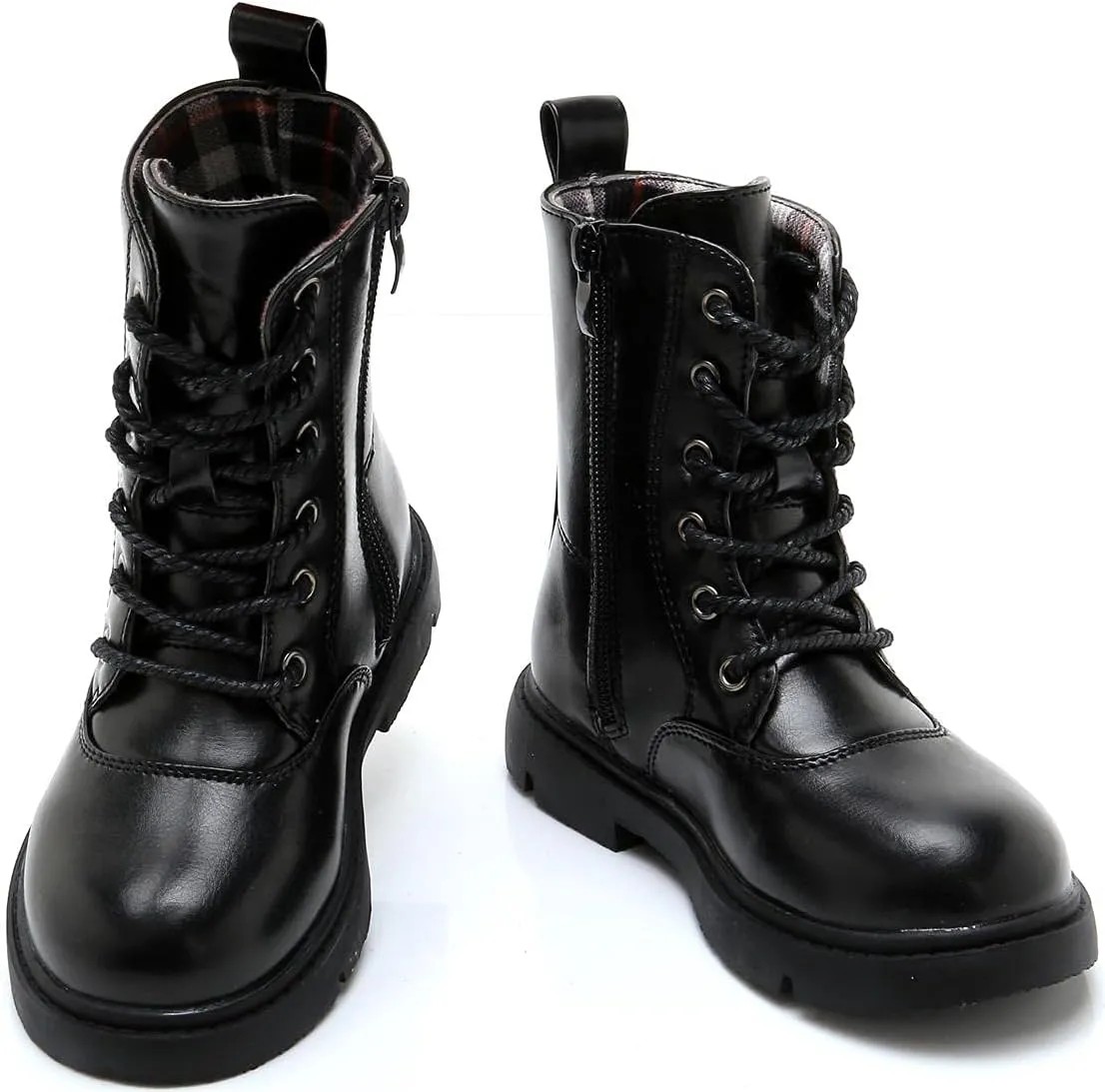 Boys Girls Lace-Up Mid Calf Combat Boots Hiking Boots Side Zipper Waterproof Riding Boots