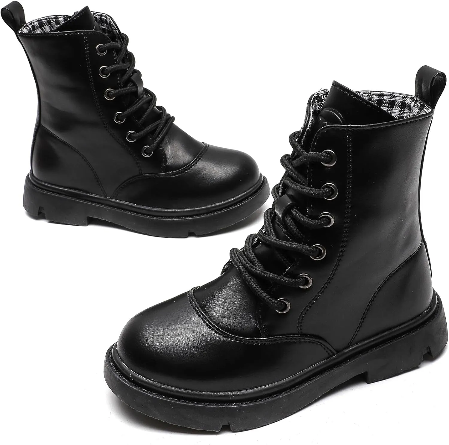 Boys Girls Lace-Up Mid Calf Combat Boots Hiking Boots Side Zipper Waterproof Riding Boots