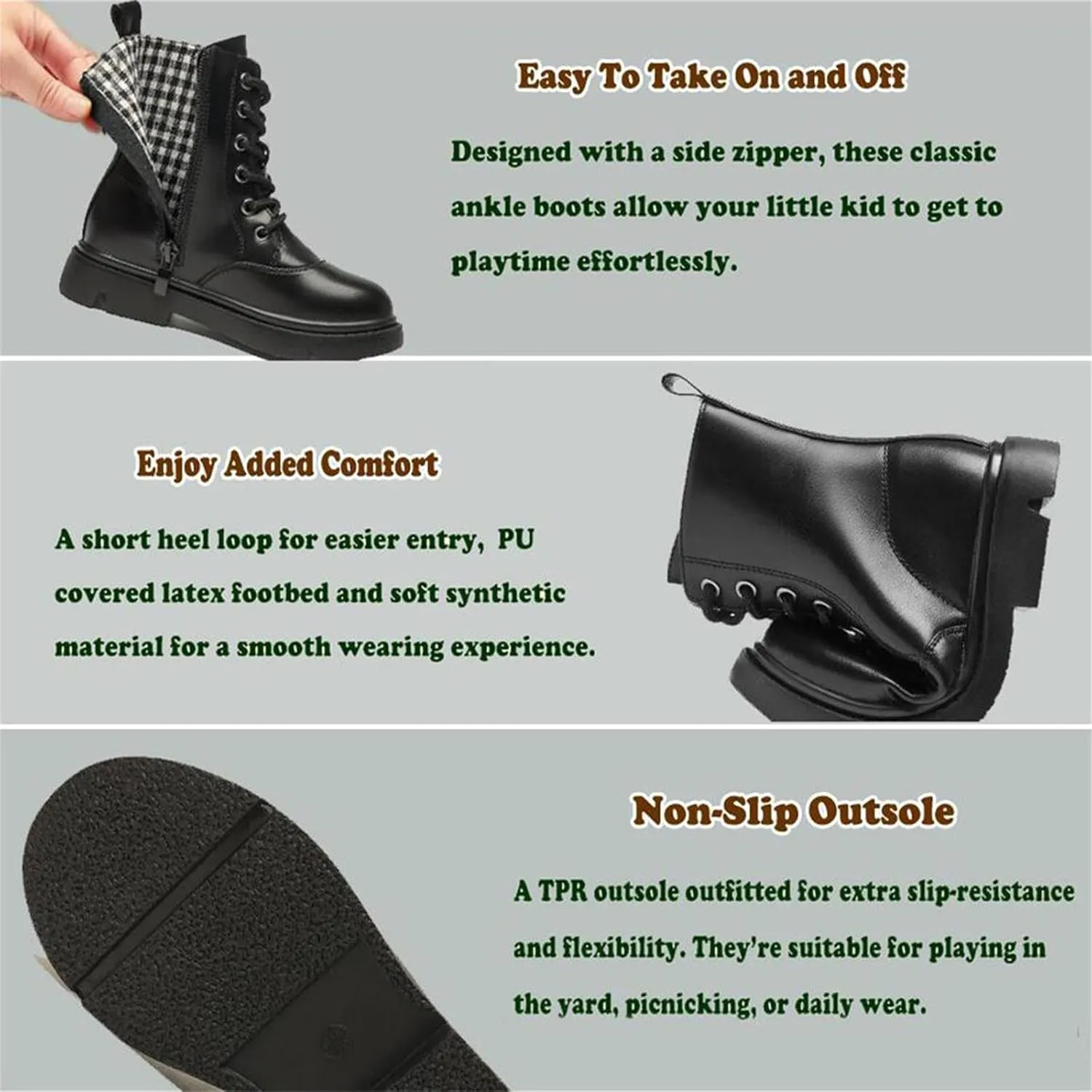 Boys Girls Lace-Up Mid Calf Combat Boots Hiking Boots Side Zipper Waterproof Riding Boots
