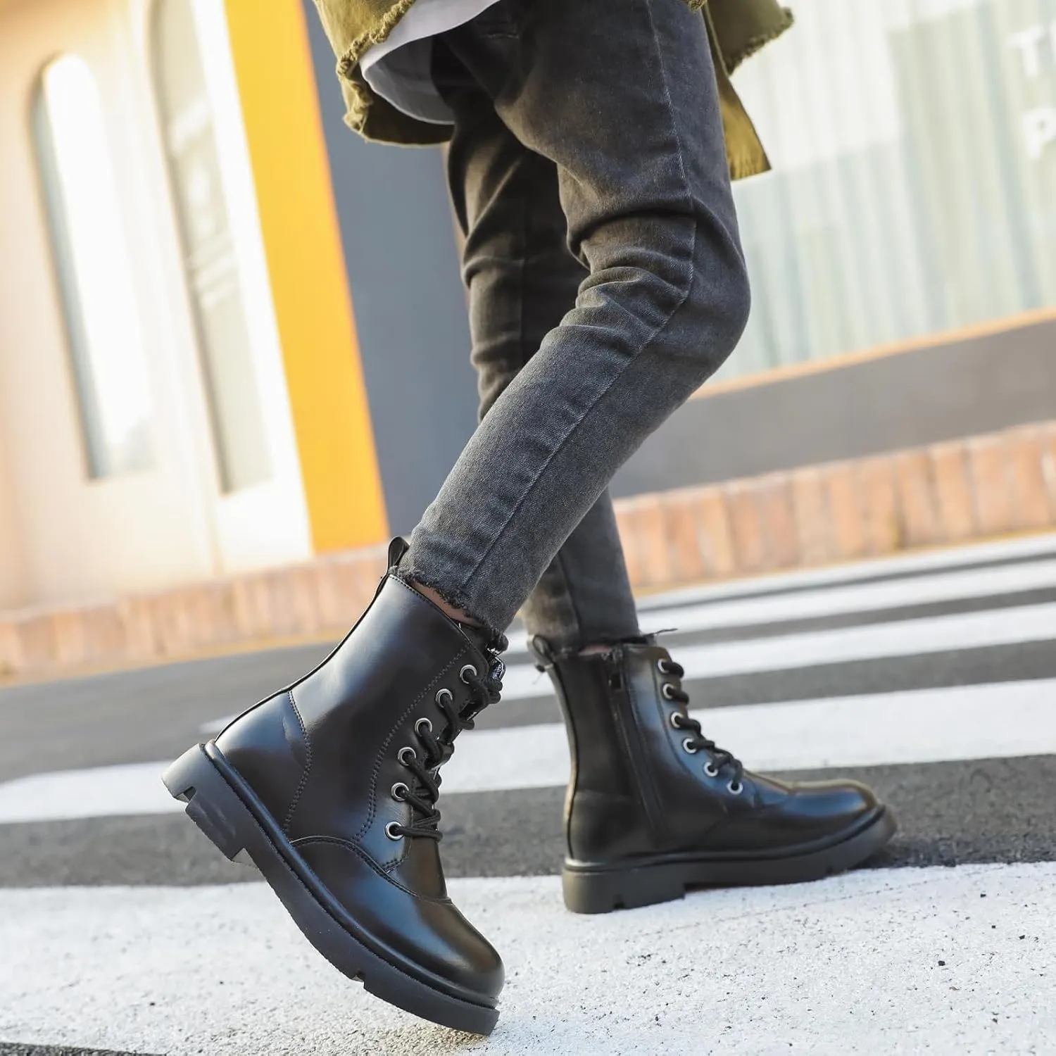 Boys Girls Lace-Up Mid Calf Combat Boots Hiking Boots Side Zipper Waterproof Riding Boots