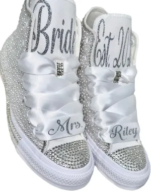 Bride Custom Shoes | Wedding Reception Sneakers - Personalized Bride Sneaker in White and Silver