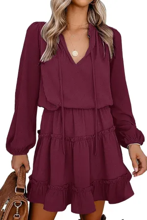 BTFBM Women Casual Summer Spring Dresses 2025 Tie Neck Long Sleeve High Waist Tiered Ruffle Aline Swing Tunic Mini Dress