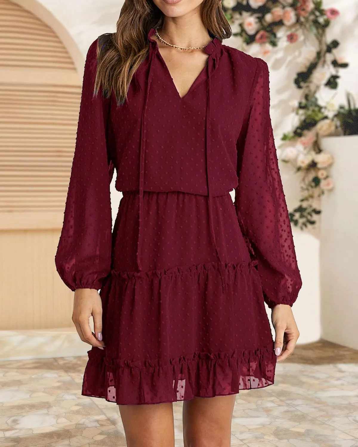 BTFBM Women Casual Summer Spring Dresses 2025 Tie Neck Long Sleeve High Waist Tiered Ruffle Aline Swing Tunic Mini Dress