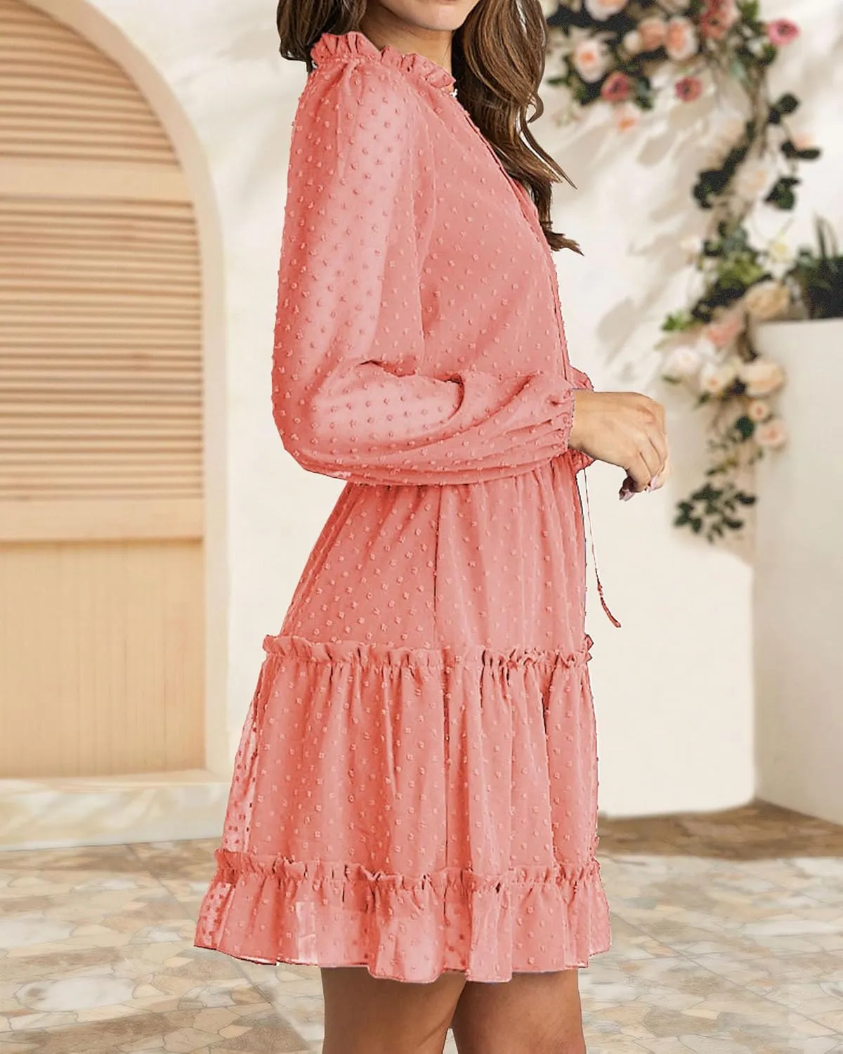 BTFBM Women Casual Summer Spring Dresses 2025 Tie Neck Long Sleeve High Waist Tiered Ruffle Aline Swing Tunic Mini Dress