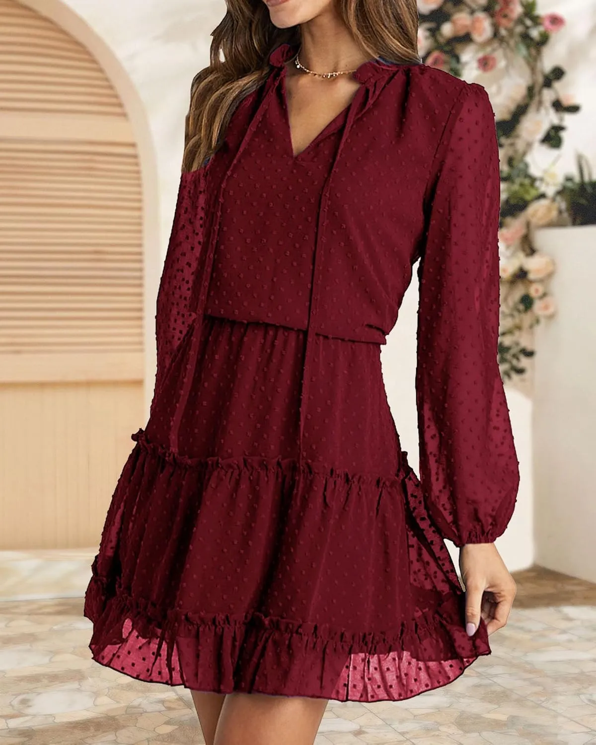 BTFBM Women Casual Summer Spring Dresses 2025 Tie Neck Long Sleeve High Waist Tiered Ruffle Aline Swing Tunic Mini Dress