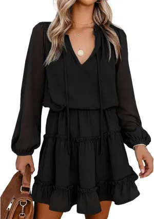 BTFBM Women Casual Summer Spring Dresses 2025 Tie Neck Long Sleeve High Waist Tiered Ruffle Aline Swing Tunic Mini Dress