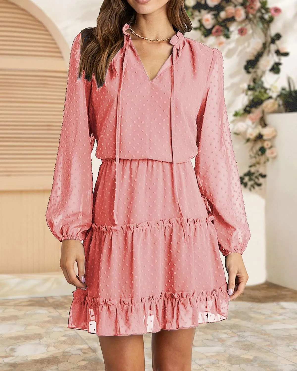 BTFBM Women Casual Summer Spring Dresses 2025 Tie Neck Long Sleeve High Waist Tiered Ruffle Aline Swing Tunic Mini Dress