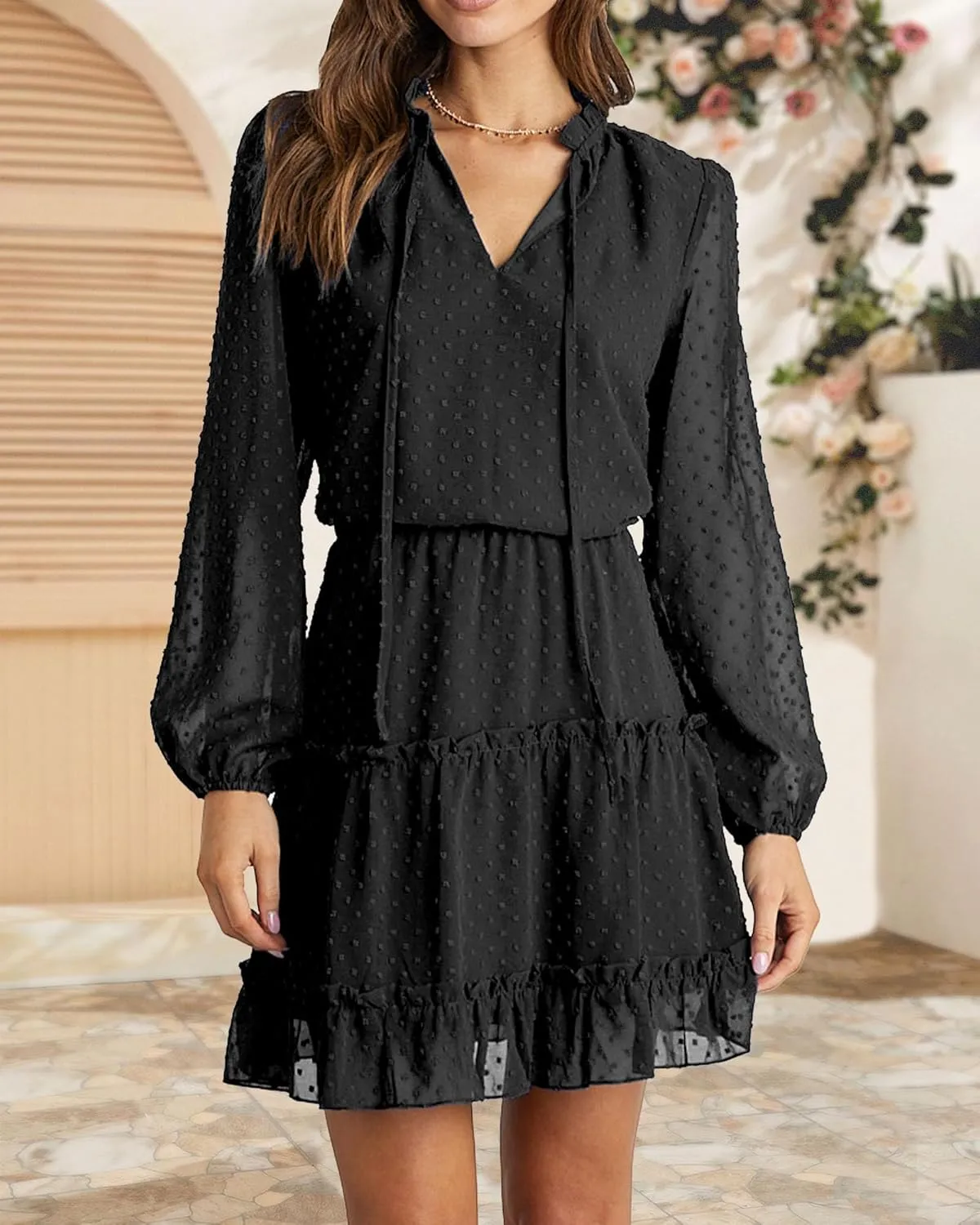 BTFBM Women Casual Summer Spring Dresses 2025 Tie Neck Long Sleeve High Waist Tiered Ruffle Aline Swing Tunic Mini Dress