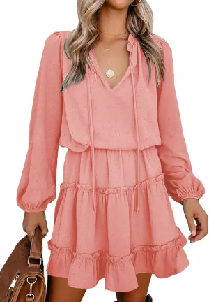 BTFBM Women Casual Summer Spring Dresses 2025 Tie Neck Long Sleeve High Waist Tiered Ruffle Aline Swing Tunic Mini Dress