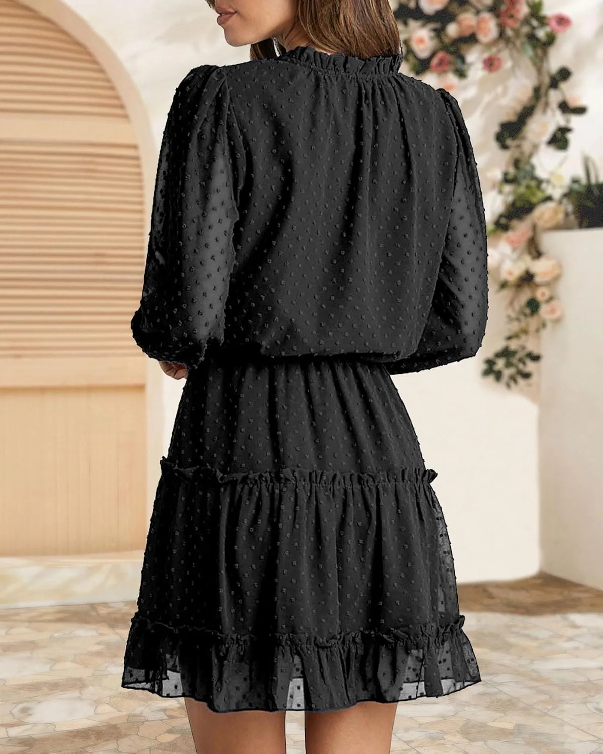 BTFBM Women Casual Summer Spring Dresses 2025 Tie Neck Long Sleeve High Waist Tiered Ruffle Aline Swing Tunic Mini Dress