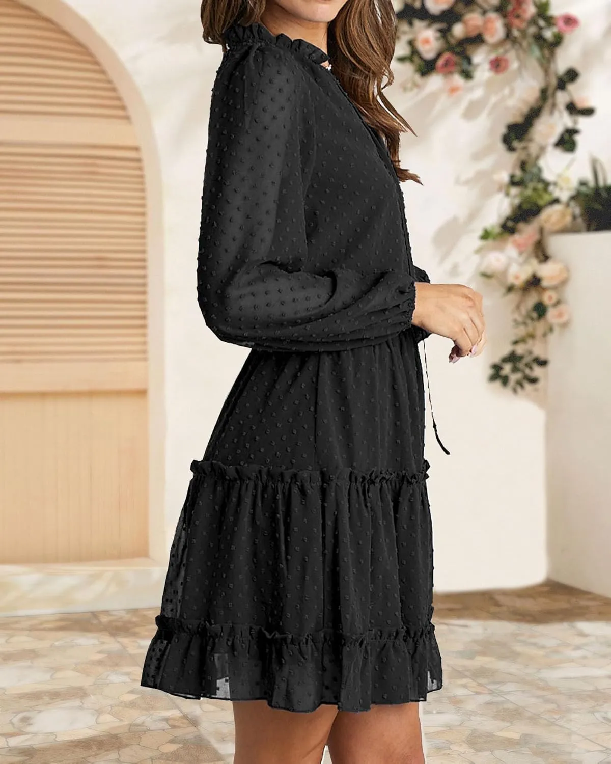 BTFBM Women Casual Summer Spring Dresses 2025 Tie Neck Long Sleeve High Waist Tiered Ruffle Aline Swing Tunic Mini Dress