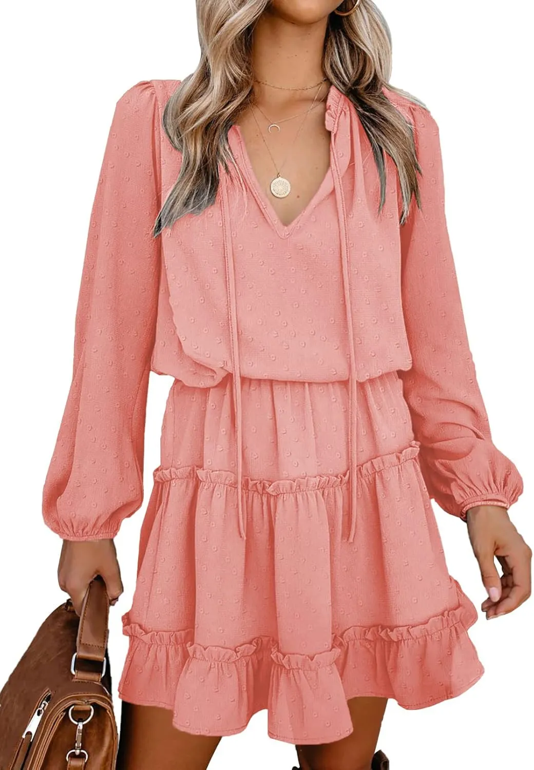 BTFBM Women Casual Summer Spring Dresses 2025 Tie Neck Long Sleeve High Waist Tiered Ruffle Aline Swing Tunic Mini Dress