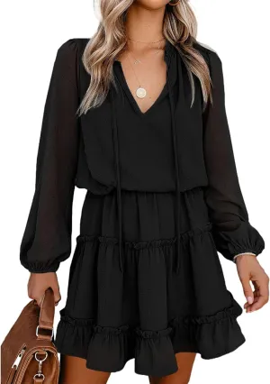 BTFBM Women Casual Summer Spring Dresses 2025 Tie Neck Long Sleeve High Waist Tiered Ruffle Aline Swing Tunic Mini Dress