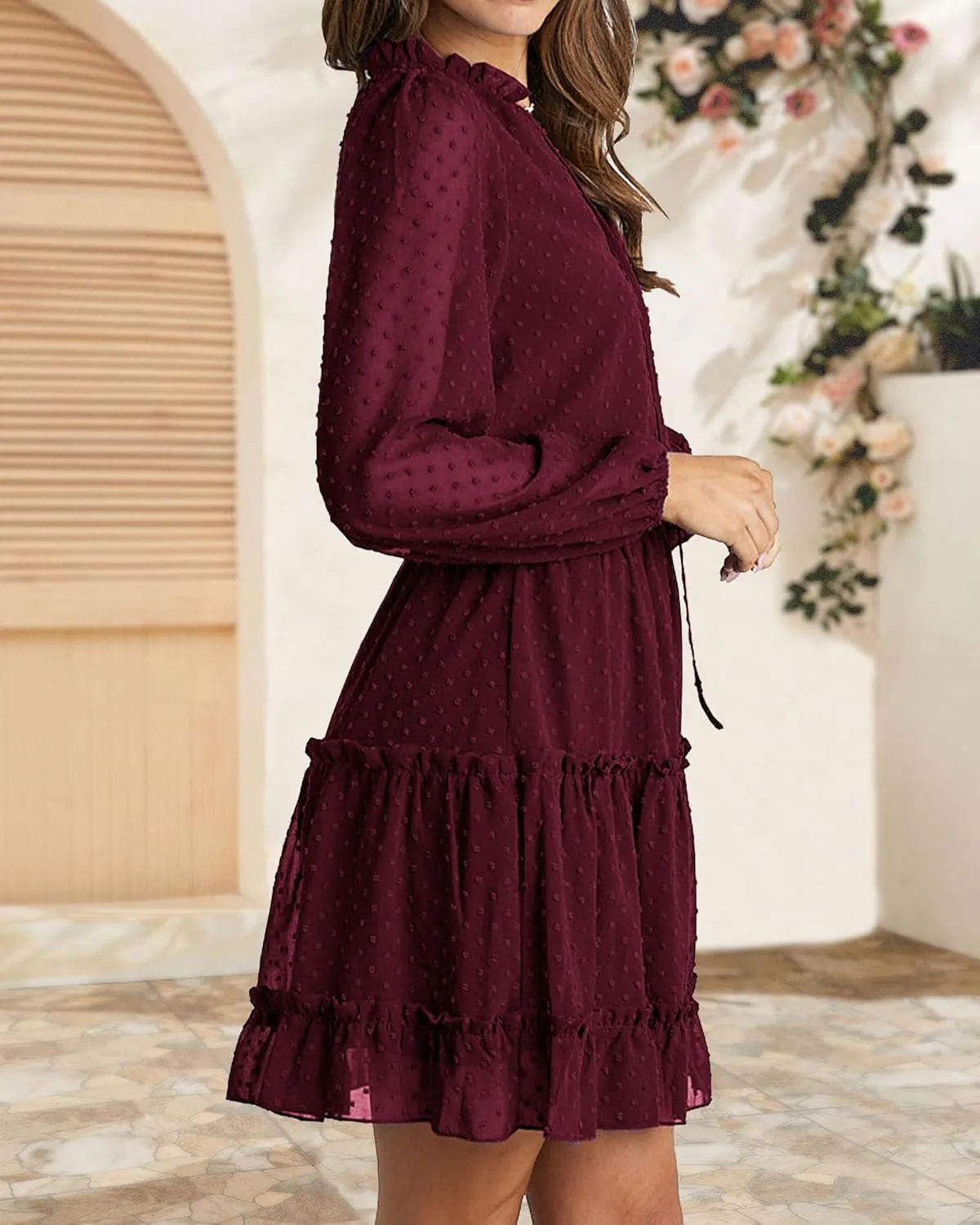 BTFBM Women Casual Summer Spring Dresses 2025 Tie Neck Long Sleeve High Waist Tiered Ruffle Aline Swing Tunic Mini Dress