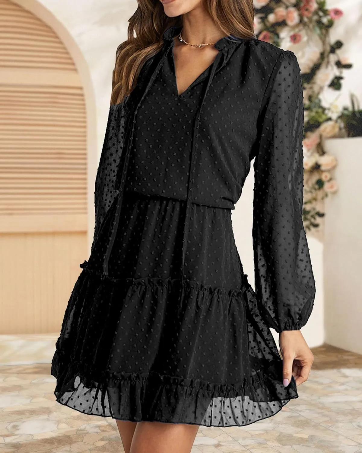 BTFBM Women Casual Summer Spring Dresses 2025 Tie Neck Long Sleeve High Waist Tiered Ruffle Aline Swing Tunic Mini Dress