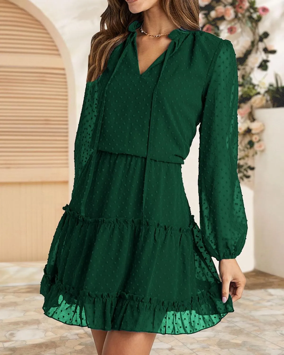 BTFBM Women Casual Summer Spring Dresses 2025 Tie Neck Long Sleeve High Waist Tiered Ruffle Aline Swing Tunic Mini Dress