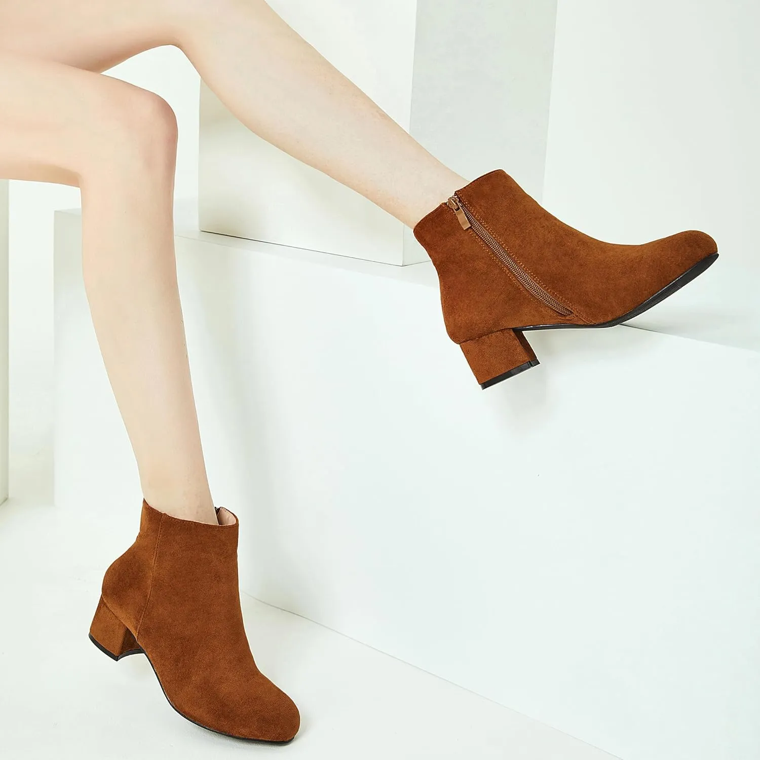 CAMSSOO Women's Fashion Short Gogo Ankle Boots Suede Boots Low Mid Block Heel Boots Side Zipper Booties Shoes