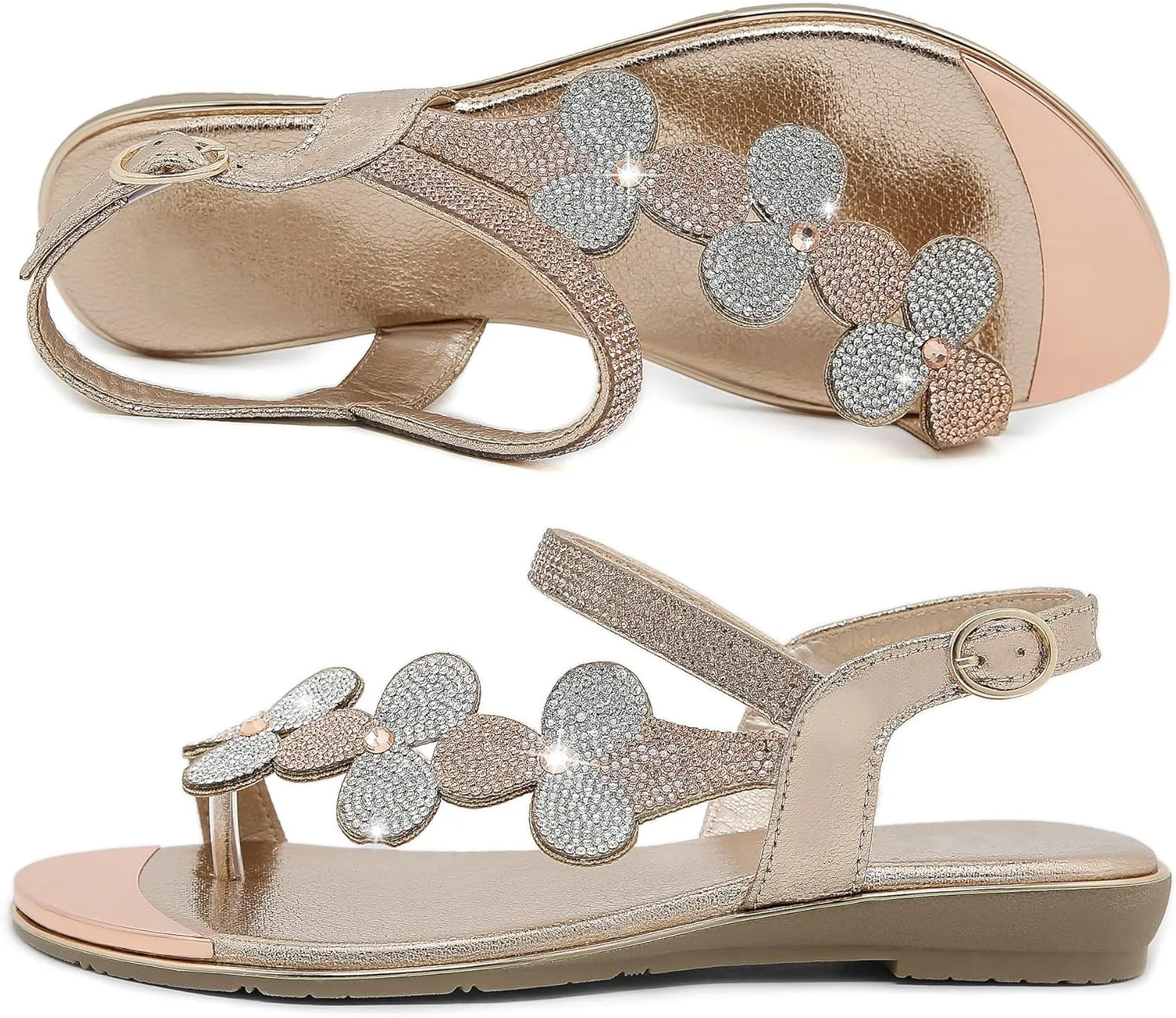 CARETOO Women's Bohemia Flat Sandals, Ladies Summer Beach T-Strap Flip Flop Sparkling Rhinestone Walking Shoes Casual