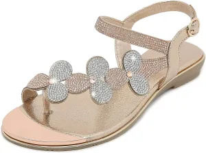 CARETOO Women's Bohemia Flat Sandals, Ladies Summer Beach T-Strap Flip Flop Sparkling Rhinestone Walking Shoes Casual