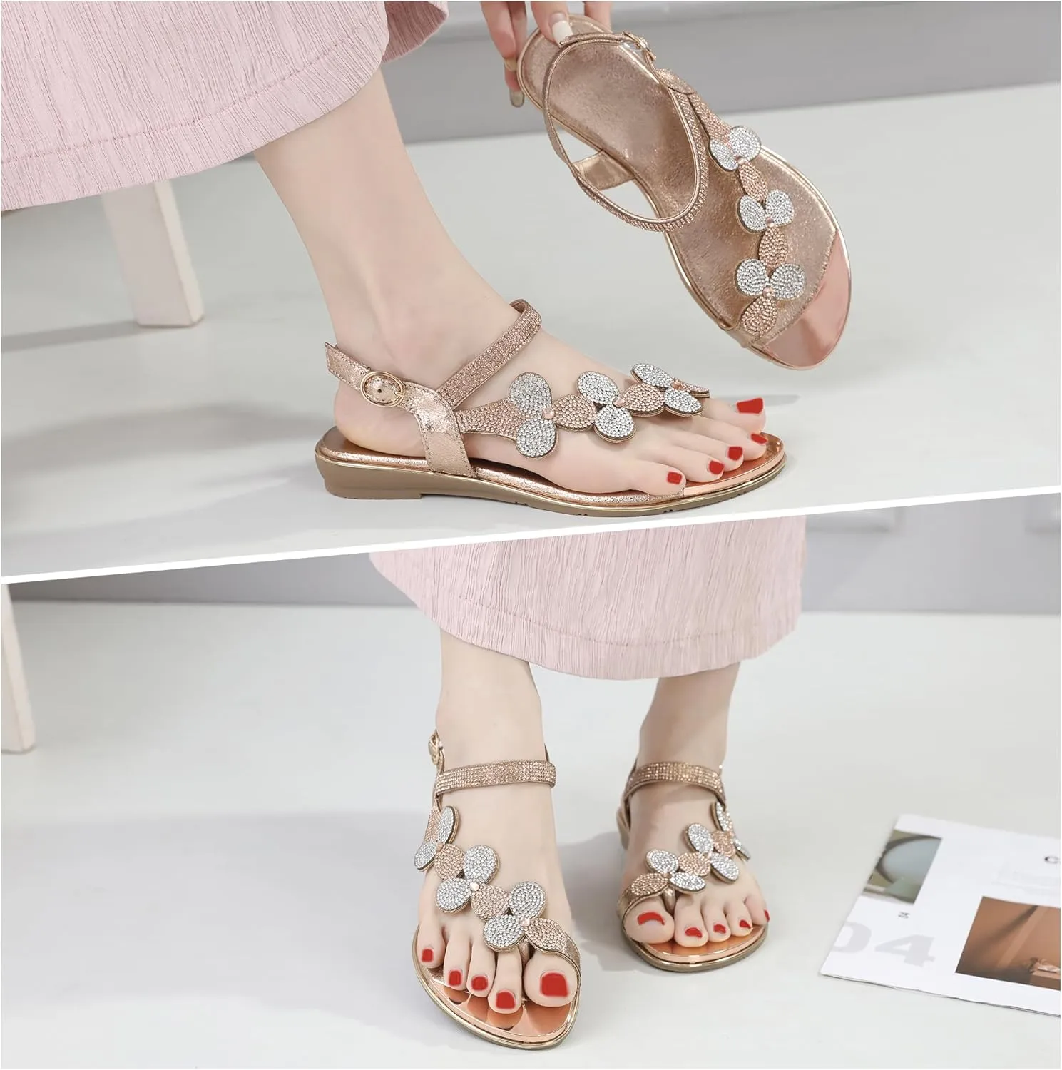 CARETOO Women's Bohemia Flat Sandals, Ladies Summer Beach T-Strap Flip Flop Sparkling Rhinestone Walking Shoes Casual