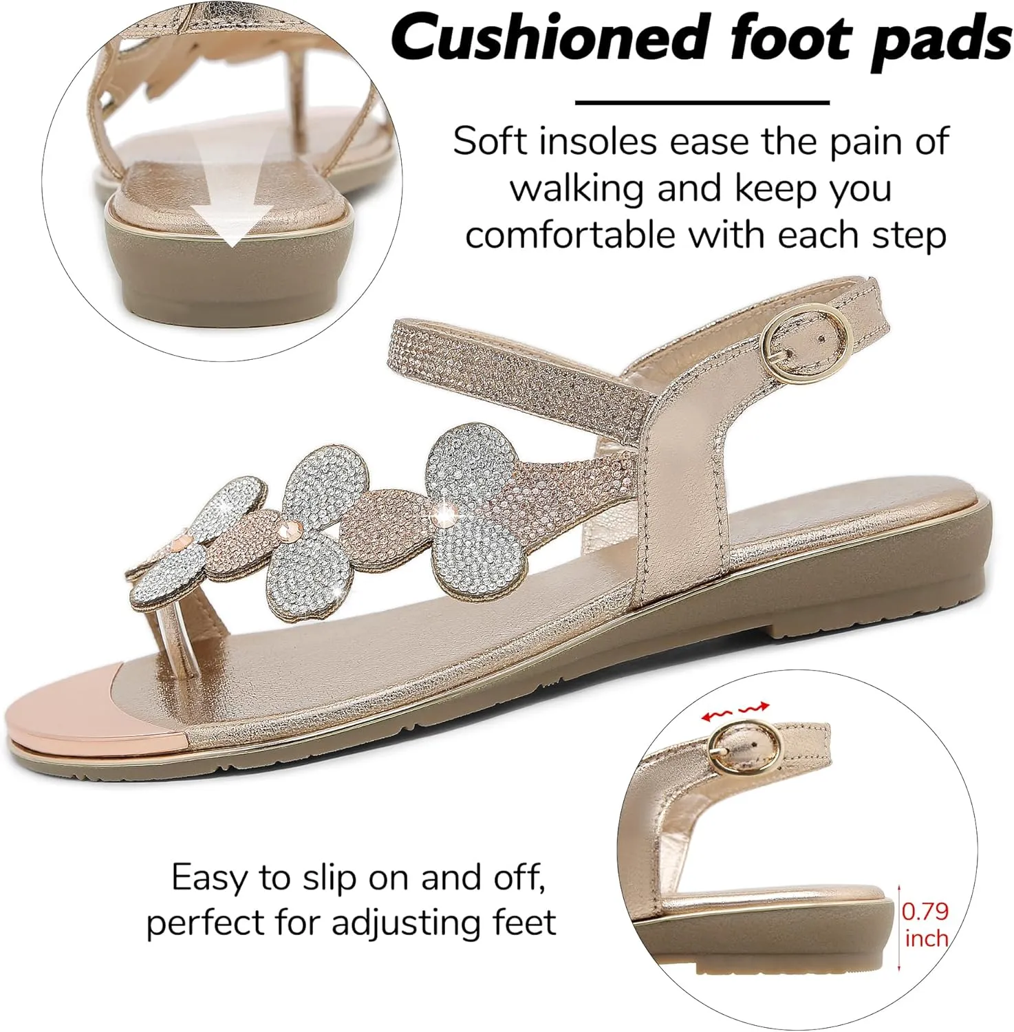 CARETOO Women's Bohemia Flat Sandals, Ladies Summer Beach T-Strap Flip Flop Sparkling Rhinestone Walking Shoes Casual