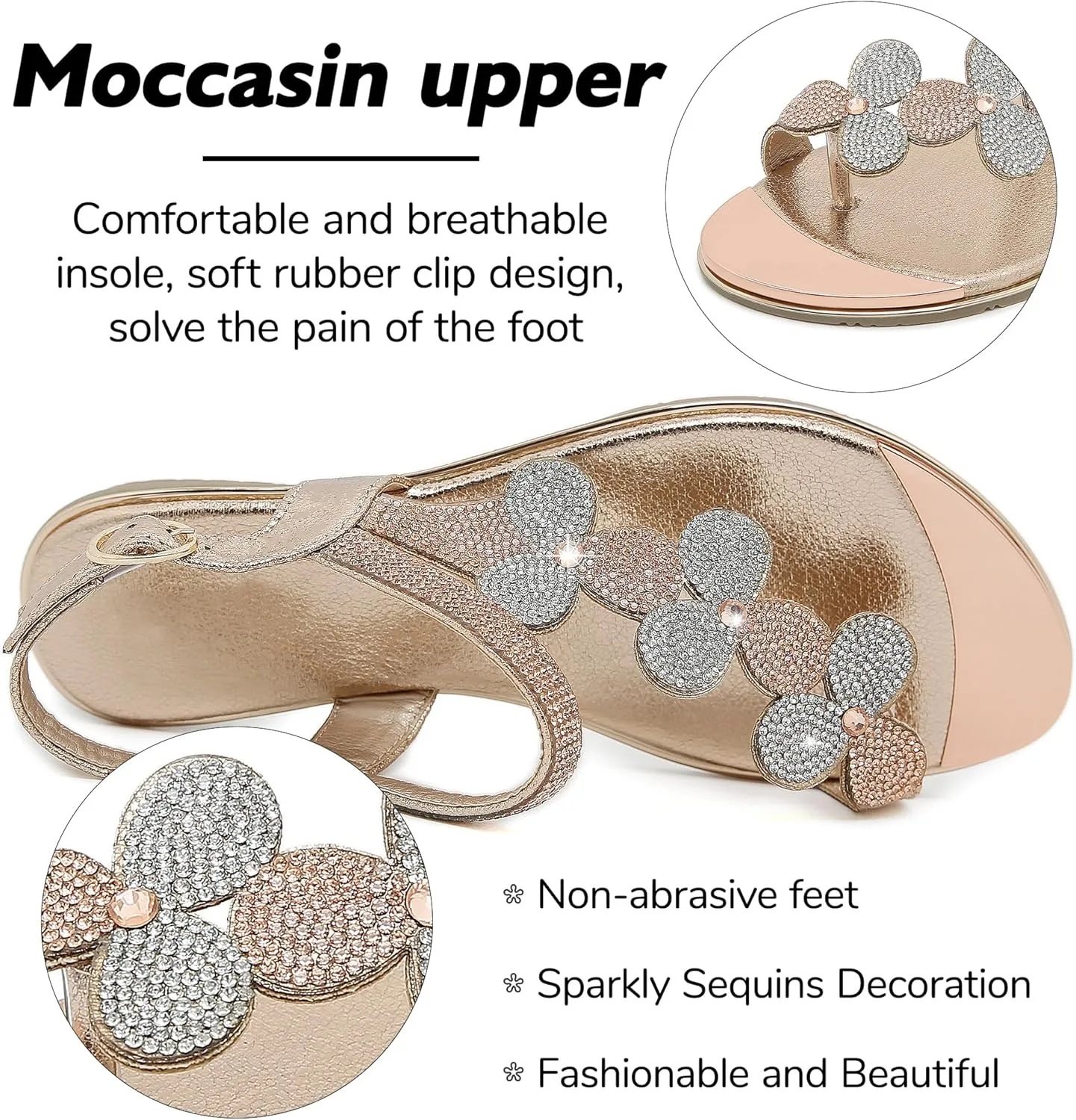 CARETOO Women's Bohemia Flat Sandals, Ladies Summer Beach T-Strap Flip Flop Sparkling Rhinestone Walking Shoes Casual