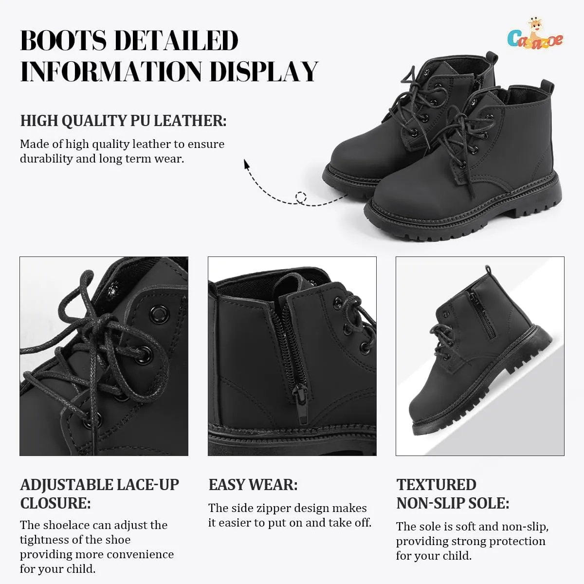 Casazoe Toddler Boys Girls Boots Little Kid Classic Work Boots Side Zipper Casual Walking Hiking Shoe High Top Lace Up Combat Ankle Shoes
