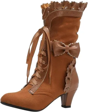 Cathalem Victorian Boots for Women Casual Lace Up Renaissance Boots 70s Mid Heels Vintage Boots Halloween Cosplay Witch Shoes