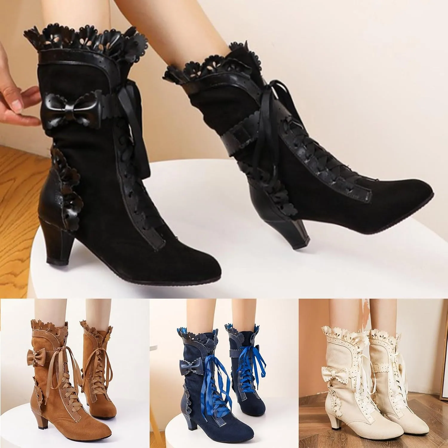 Cathalem Victorian Boots for Women Casual Lace Up Renaissance Boots 70s Mid Heels Vintage Boots Halloween Cosplay Witch Shoes