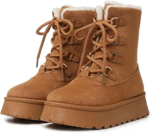 Celbreez Snow Boots Platform Boots Winter Boots for Women Mid Calf Lace up Women's Boot Cozy Boots Fleece Lined Boots Trending Shoes for Womens Warm Faux Fur Shoes