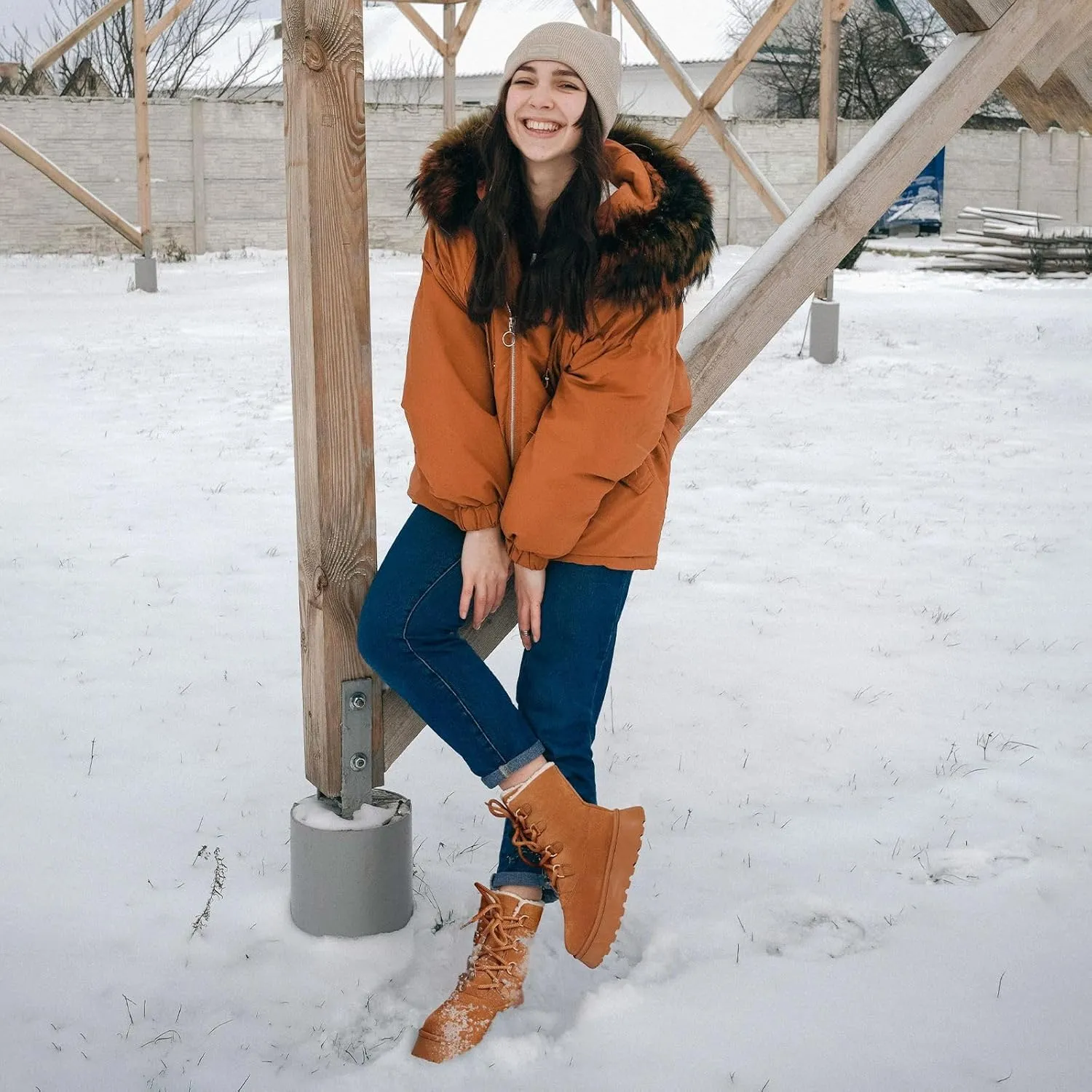 Celbreez Snow Boots Platform Boots Winter Boots for Women Mid Calf Lace up Women's Boot Cozy Boots Fleece Lined Boots Trending Shoes for Womens Warm Faux Fur Shoes