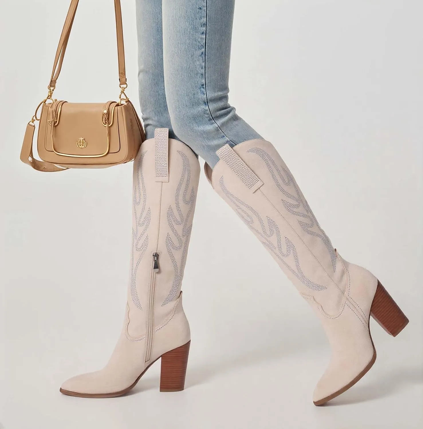Celbreez Women's Brown Suede Knee-High Western-Fusion Boots with Rhinestones, Embroidered, Pointed Toe, Chunky Heel, Side Zip, Pull-On, Slip Resistant