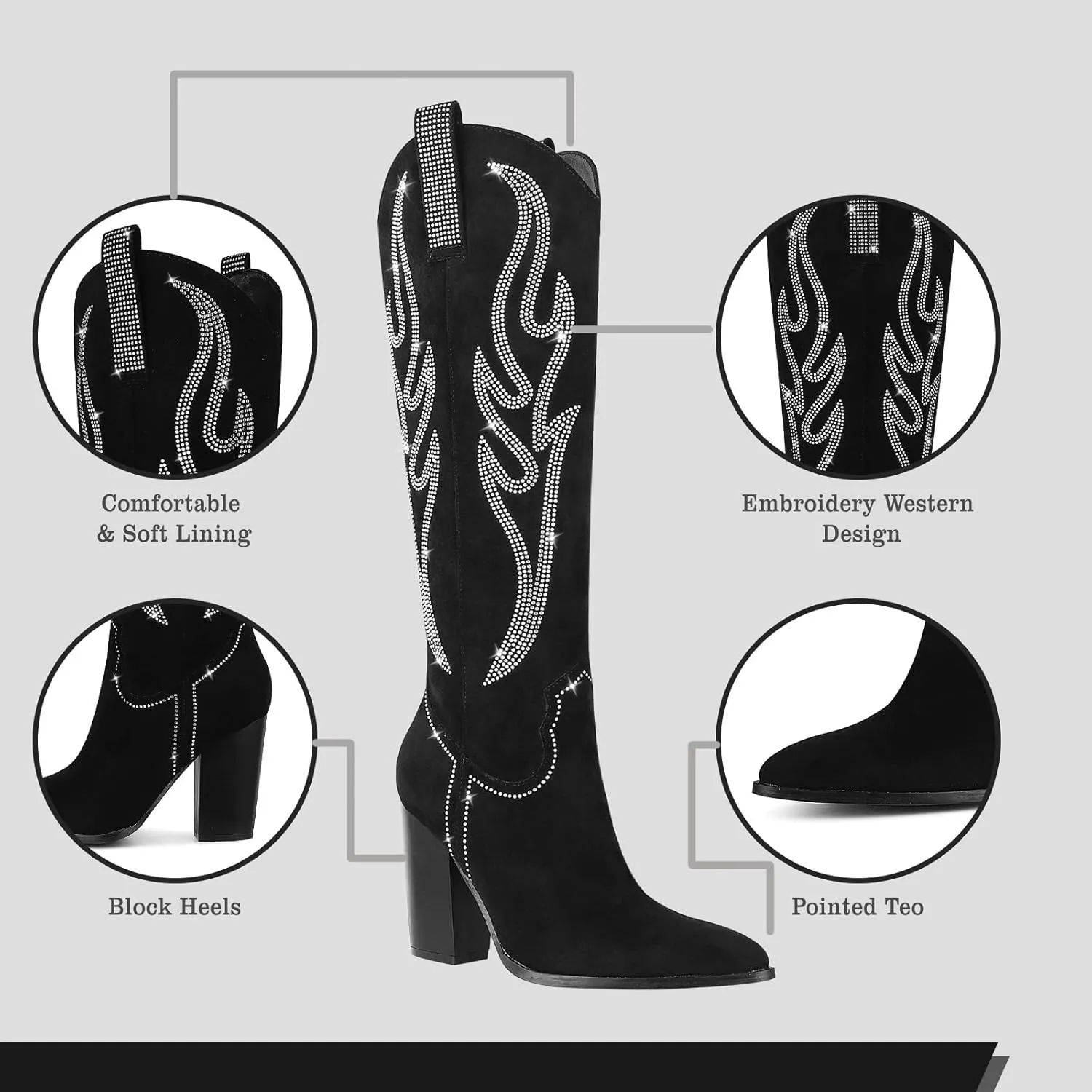 Celbreez Women's Brown Suede Knee-High Western-Fusion Boots with Rhinestones, Embroidered, Pointed Toe, Chunky Heel, Side Zip, Pull-On, Slip Resistant