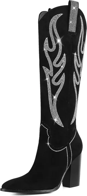 Celbreez Women's Brown Suede Knee-High Western-Fusion Boots with Rhinestones, Embroidered, Pointed Toe, Chunky Heel, Side Zip, Pull-On, Slip Resistant