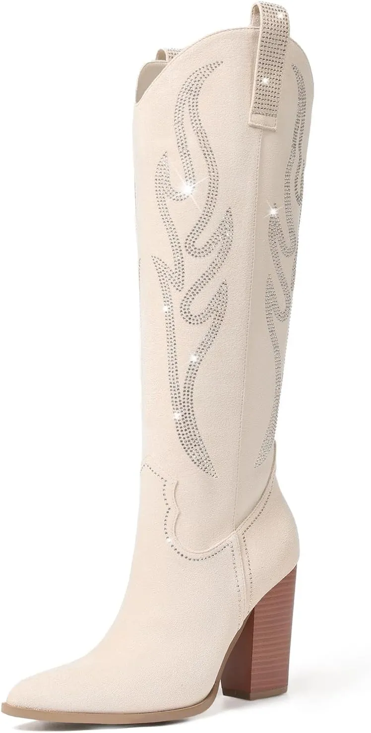Celbreez Women's Brown Suede Knee-High Western-Fusion Boots with Rhinestones, Embroidered, Pointed Toe, Chunky Heel, Side Zip, Pull-On, Slip Resistant