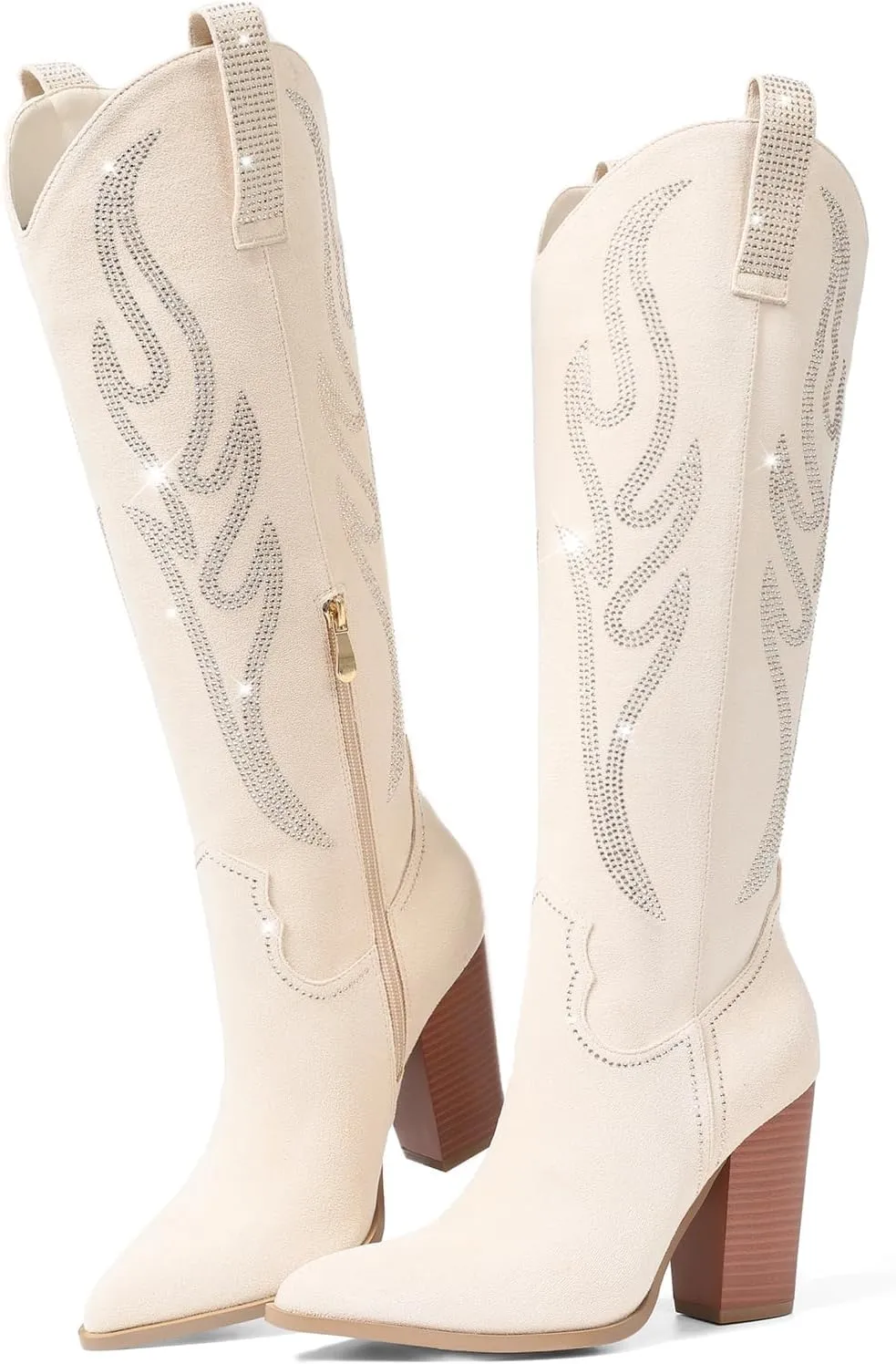 Celbreez Women's Brown Suede Knee-High Western-Fusion Boots with Rhinestones, Embroidered, Pointed Toe, Chunky Heel, Side Zip, Pull-On, Slip Resistant