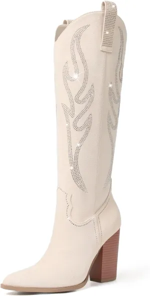 Celbreez Women's Brown Suede Knee-High Western-Fusion Boots with Rhinestones, Embroidered, Pointed Toe, Chunky Heel, Side Zip, Pull-On, Slip Resistant