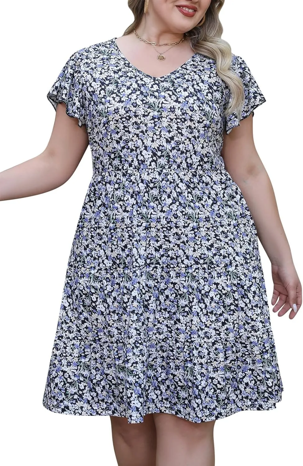 Celkuser Plus Size Casual Summer Dresses Curvy Womens Elastic Waist Tiered A Line Ruffle Hem Dress with Pockets