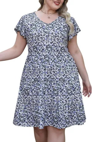 Celkuser Plus Size Casual Summer Dresses Curvy Womens Elastic Waist Tiered A Line Ruffle Hem Dress with Pockets