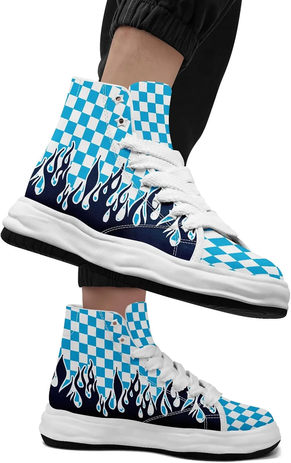 Checkered Flame High-Top Platform Sneakers, Custom Chunky Elevated Canvas Trainers for Streetwear Race Casual Footwear