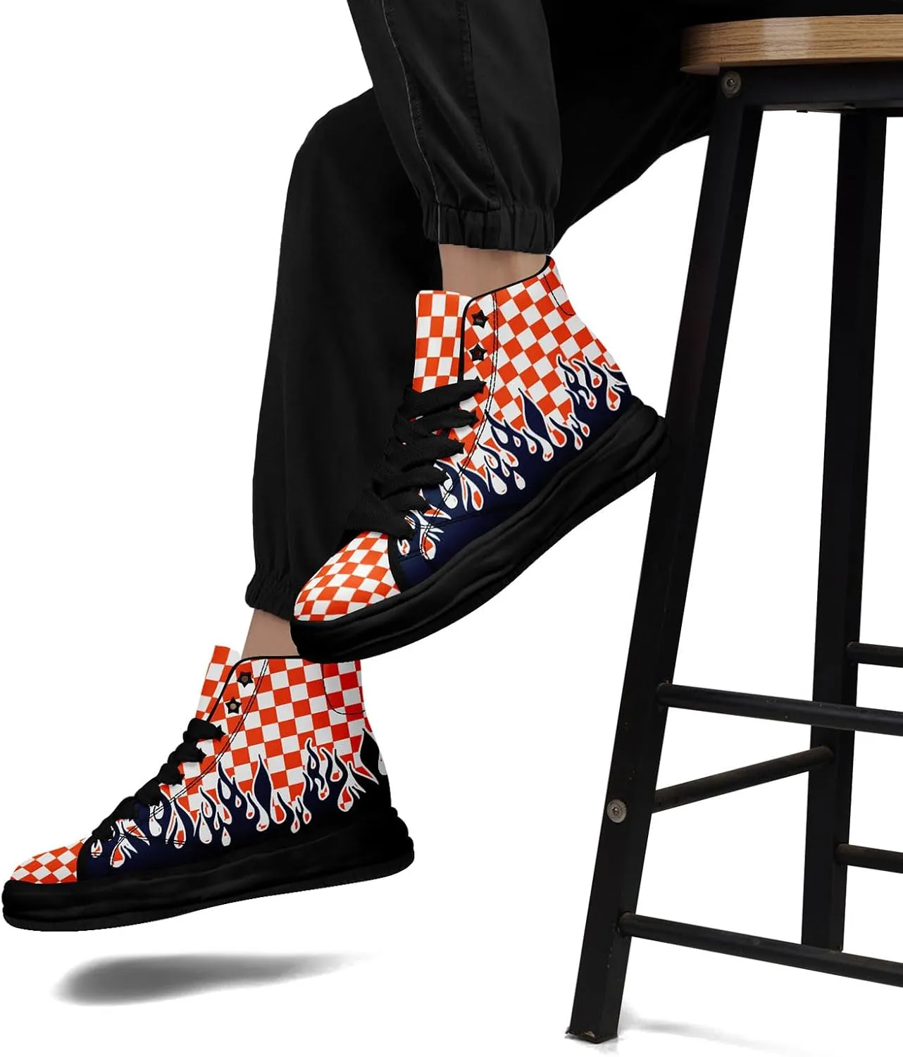 Checkered Flame High-Top Platform Sneakers, Custom Chunky Elevated Canvas Trainers for Streetwear Race Casual Footwear