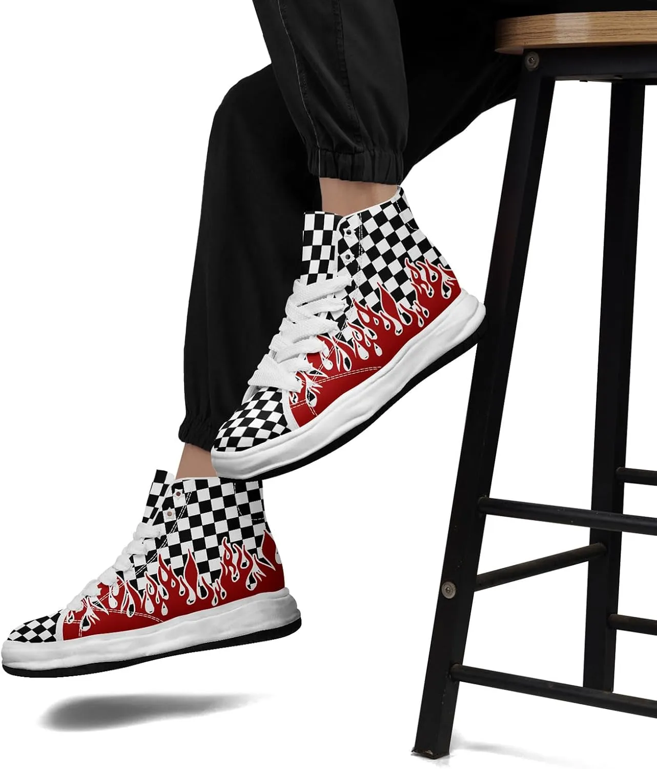 Checkered Flame High-Top Platform Sneakers, Custom Chunky Elevated Canvas Trainers for Streetwear Race Casual Footwear
