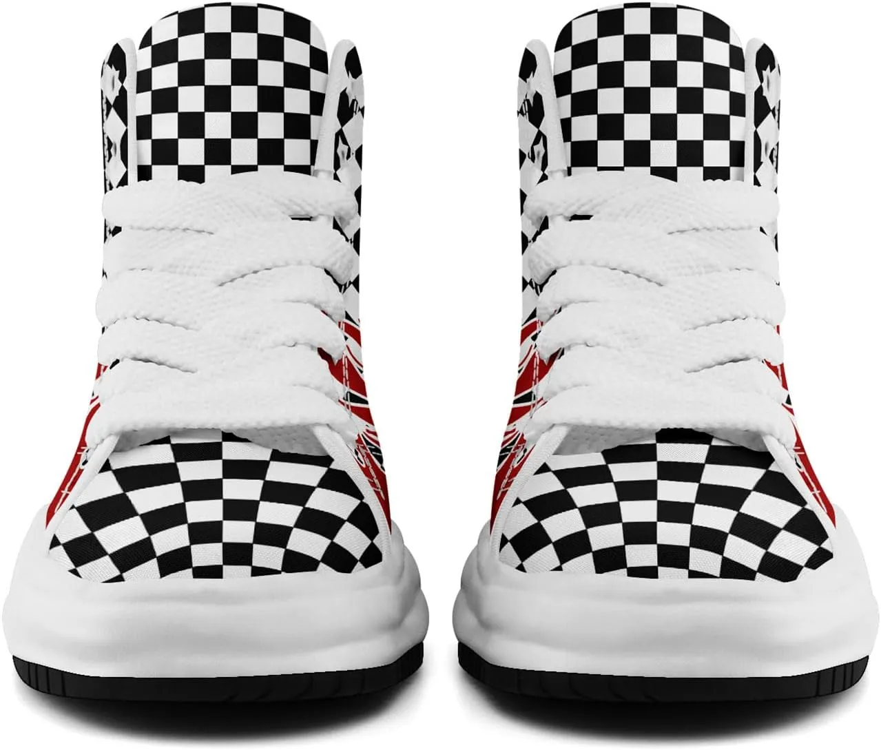 Checkered Flame High-Top Platform Sneakers, Custom Chunky Elevated Canvas Trainers for Streetwear Race Casual Footwear
