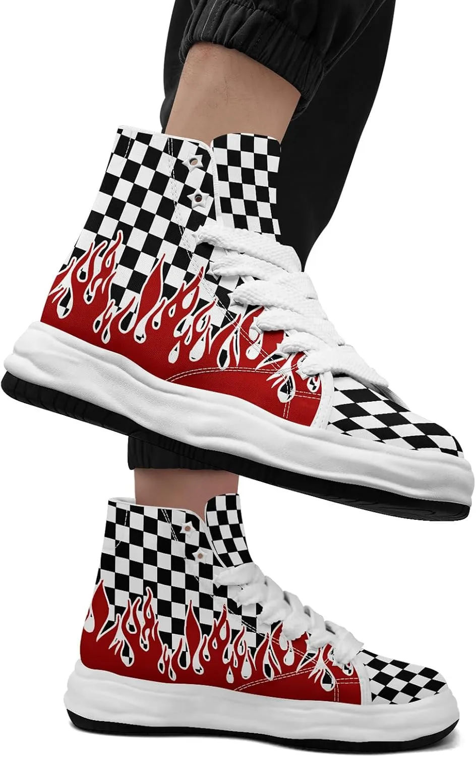Checkered Flame High-Top Platform Sneakers, Custom Chunky Elevated Canvas Trainers for Streetwear Race Casual Footwear